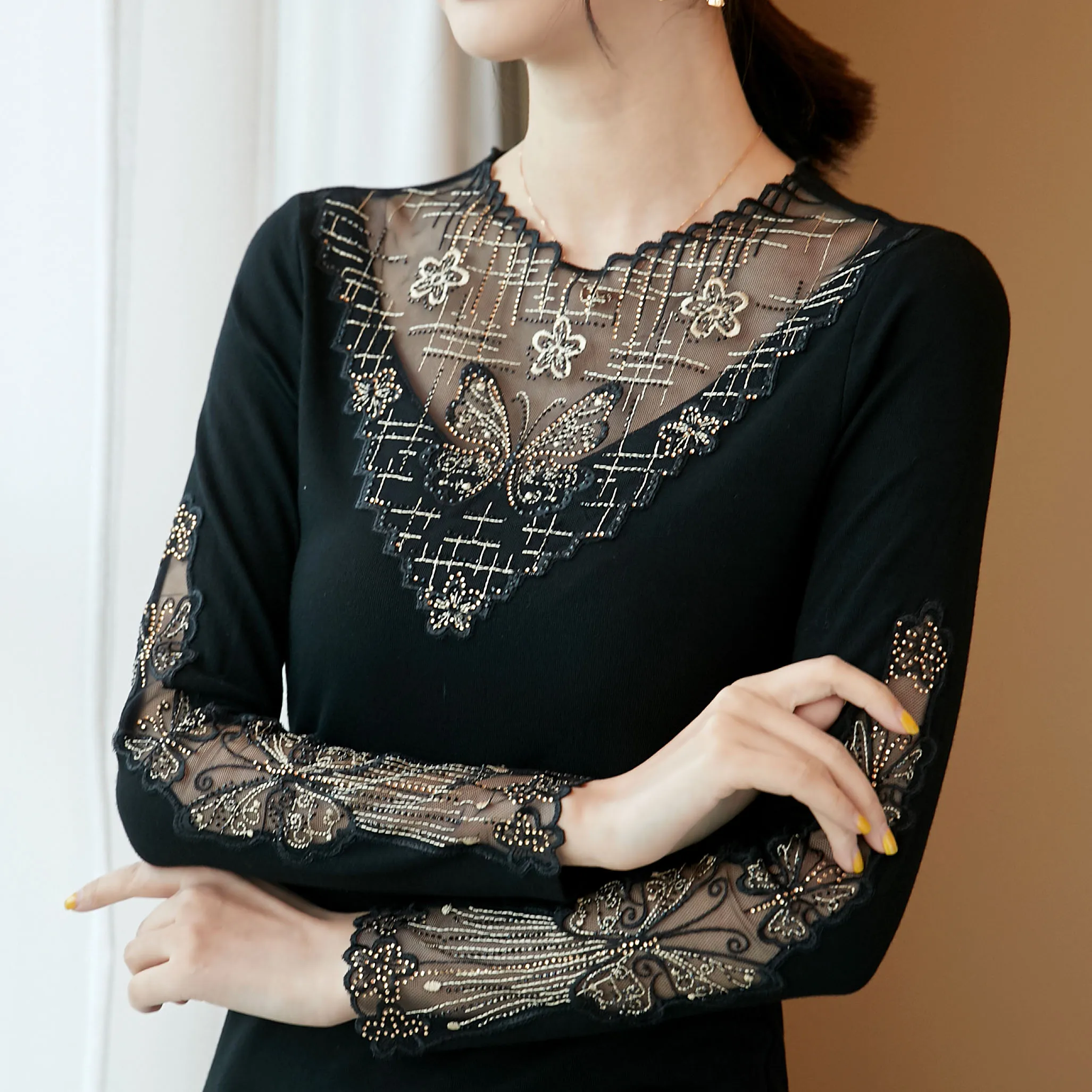 

2019 autumn women blouse top new embroidered long sleeve knitted cotton plus size casual mesh shirt black elegant blouses tops