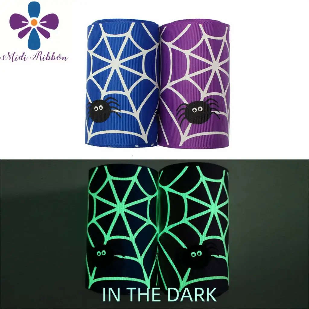 3&quot75mm White Ink Printing Glow in the Dark Halloween Series Cartoon Web Printed Grosgrain Ribbon DIY Hair Bowknots 50yards/roll | Дом и