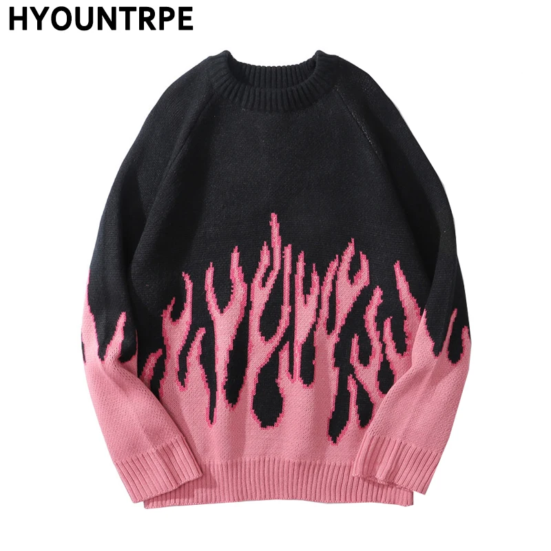 Hip Hop Mens Streetwear Harajuku Knitted Sweater Fire Flame Autumn Winter New O-neck Sweater Pullover Loose Retro Vintage Cotton