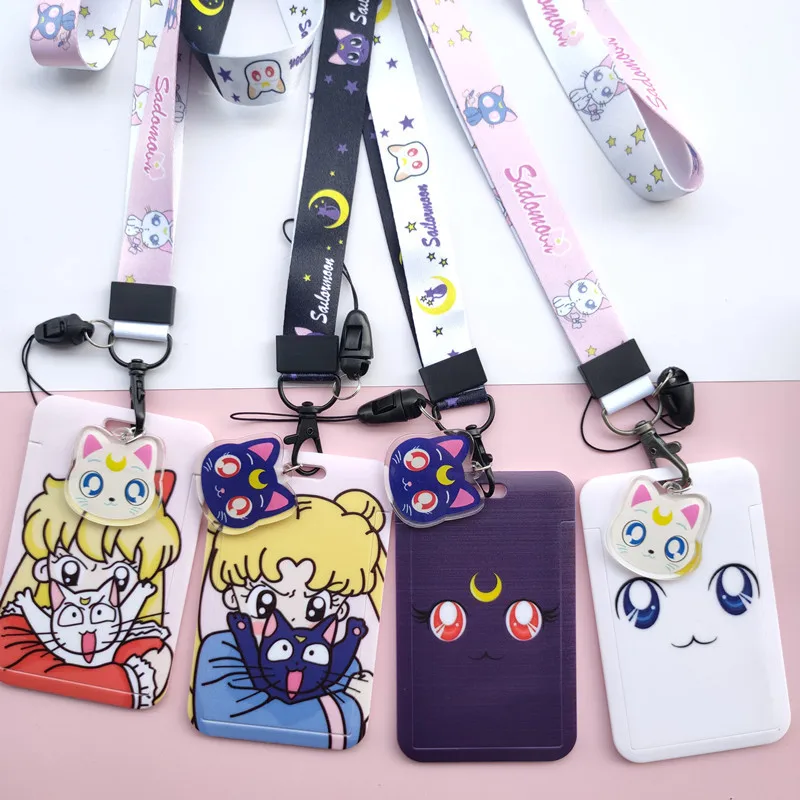 Anime Kawaii Cartoon Moon Cat Lanyard Wristband Credit Card ID Holder Bus Pass Staff Name Tag Badge Holders for Girls