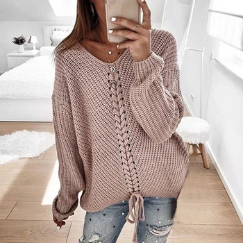 

2019 Fall 2019 Casual V-Neck Sweter Pull Femme Fashion Lace Up Knitted Pullovers Winter Jumper Solid Loose Sweaters Tops Mujer