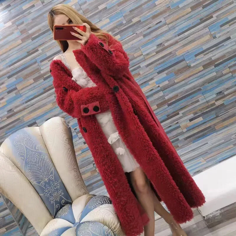 red OFTBUY, зимняя женская куртка, пальто с натуральным мехом, повседневная верхняя одежда из натуральной овечьей шерсти, Толстая теплая шерсть, тканая уличная одежда, Новинка - Цвет: red