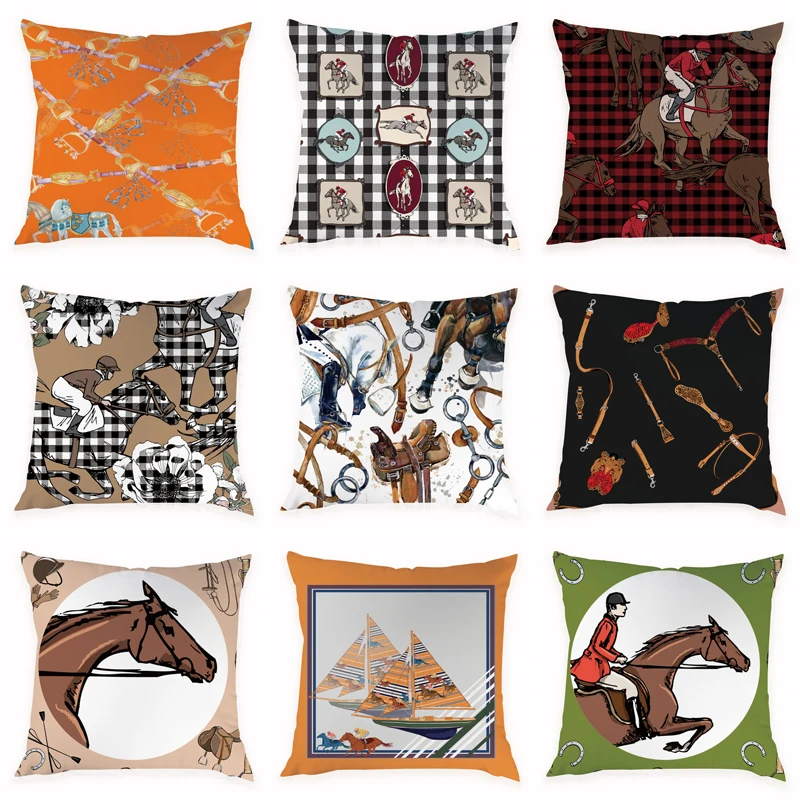 

Horse Riding Pattern Pillow Cover Horse Rider Decorative Peach Skin Sofa Seat Throw Pillow Case Cushion Cover 45x45cm