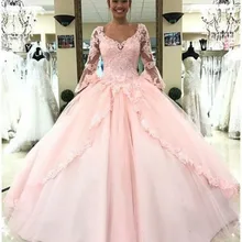 Розовые длинные рукава Бальные платья сексуальные V шеи Кружева Аппликации расшитые бисером Бальные платья девушки сладкий 15 16 Выпускные платья