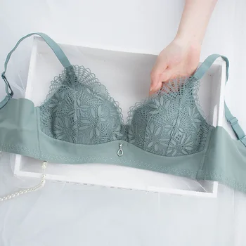 

2020 Summer New Products Bra Set Lace Non-Steel Ring Large Bust Explicit Small Ultra-Thin Push up Non-trace Bra on Behalf