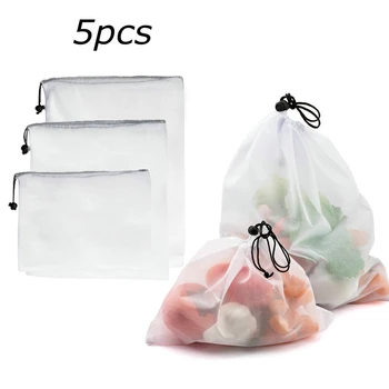 

5 Pcs/Set EP Food Mesh Storage Reusable Bags Vegetable & Fruit & Grocery Bag Black
