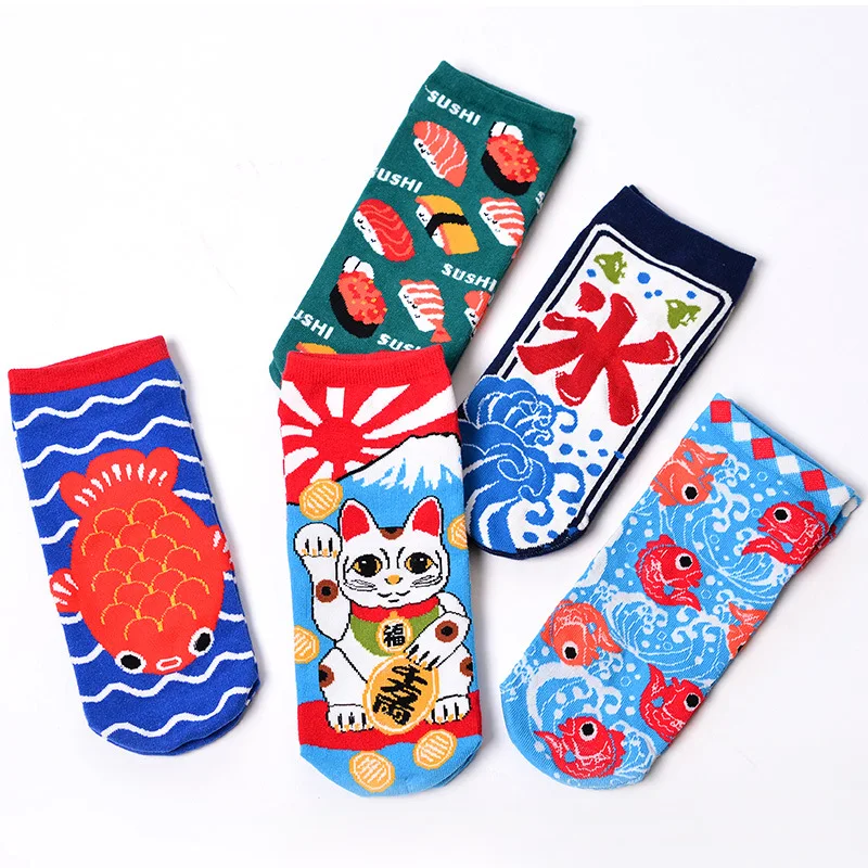 Взрослый Размеры короткие носки до щиколотки Lucky Cat холодный лед Золотая рыбка