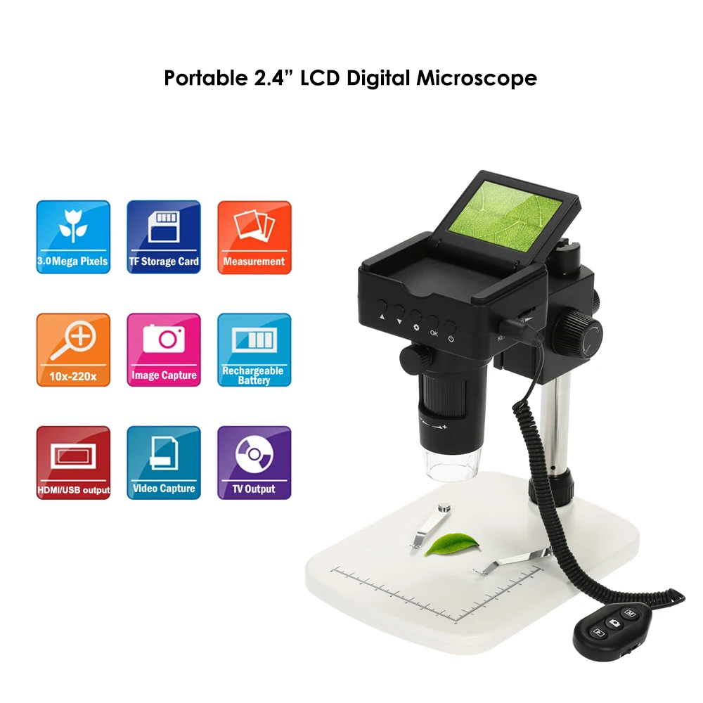 

10X-220X Digital Microscope 2.4" LCD 1080P Full HDMI HDMI/AV/USB Output 3.0MP LED Magnifier with Adjustable Stand Microscope