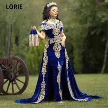 LORIE Moroccan Caftan Evening Dress Gold Appliques Lace Cap Sleeve Royal Blue Mermaid Velvet Arabic Prom Gowns Party Dress
