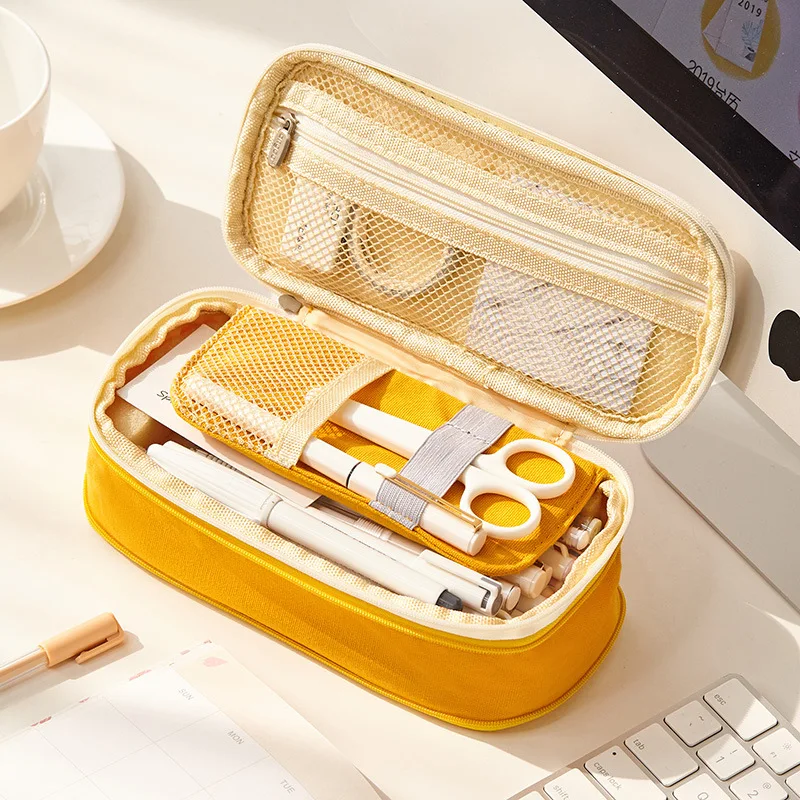 

Korea Macaron Color Pencil Case Canvas Stretch Double Layer Large Capacity Pencil Box Cute Pen Bags Kids School Stationery