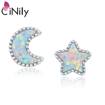 

CiNily Moon & Star White Fire Opal Silver Plated & Rose Gold Color Earrings For Womens Party Jewelry Stud Earrings OH4726-27