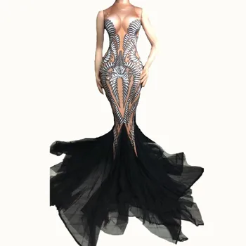 

Black Mesh Trains Long Dress Performance Stretch Dance Dress Birthday Celebrate Outfit Nightclub Party Singer Costume Dress