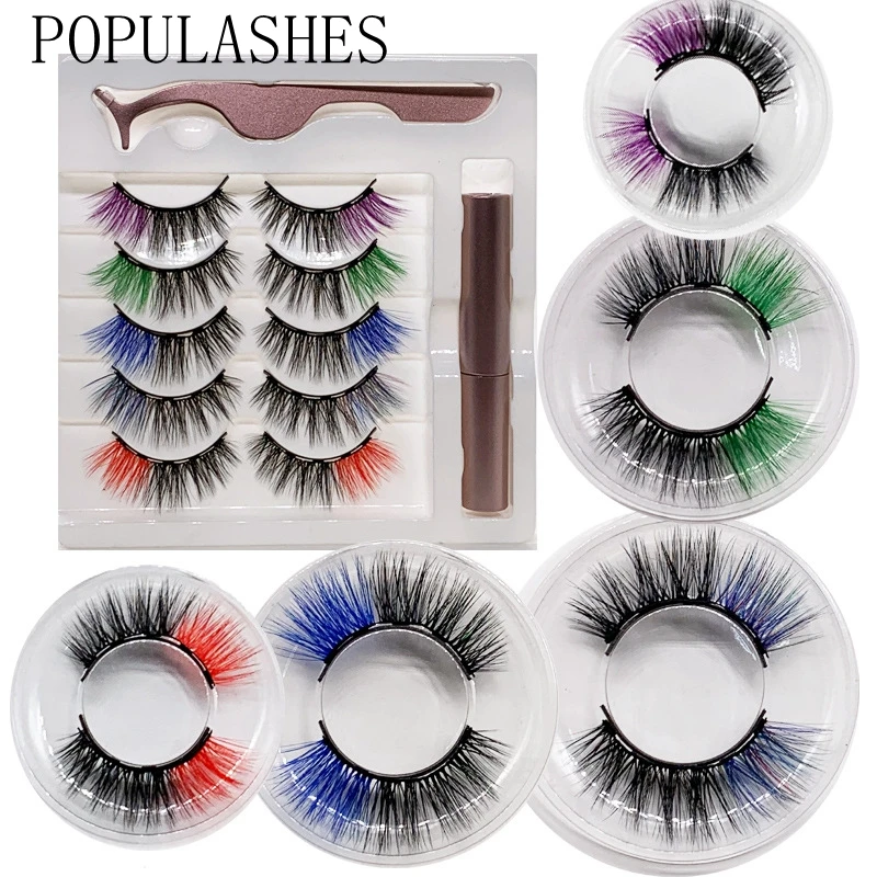 

5 Pairs Colorful Magnetic Eye Lashes with 5 Magnets Tweezers and Waterproof Liquid Eyeliner Set Laser Bag Fake Mink Lash