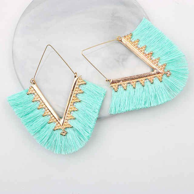 Boho Tassel Gold Loop Earrings Ethnic Creative Triangle Multicolor Silk Fabric Long Drop Earrings Jewelry 2020 New