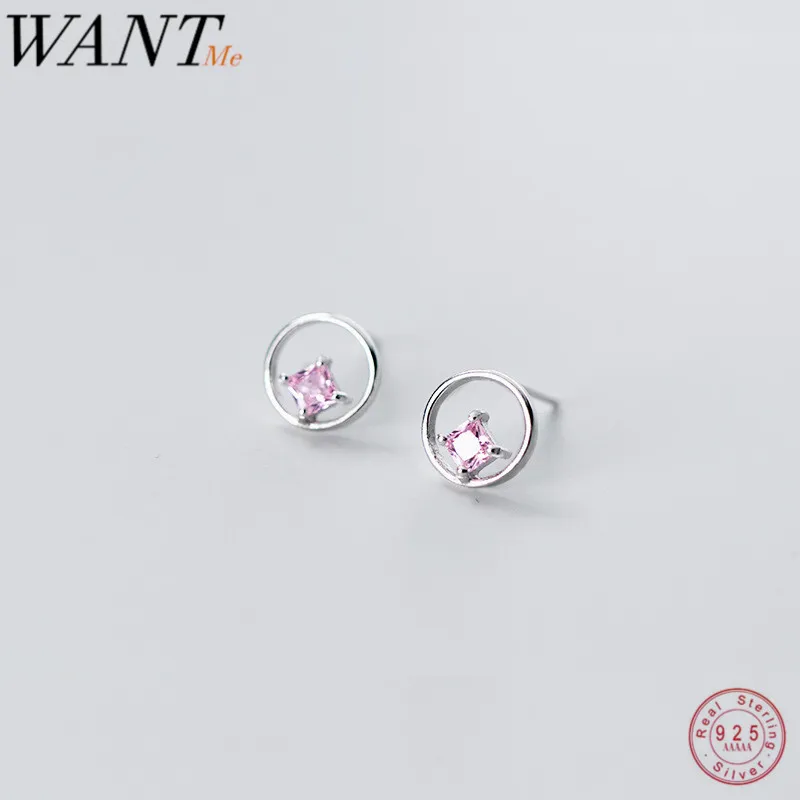Женские серьги гвоздики WANTME круглые из настоящего серебра 925 пробы с квадратным