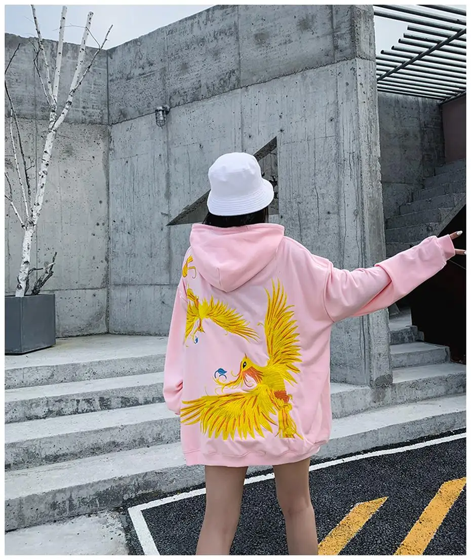 Harajuku вышитые толстовки Феникс для мужчин и женщин японские толстовки мужские Хип Хоп пуловер с капюшоном уличная WG488
