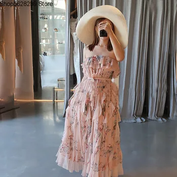 

2020 Summer Vacation Sand Beach Lady Floral Lotus Leaf Edge Tube Top Chiffon Dress Sling Long Skirt Female