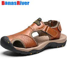 Модная мужская обувь; кожаные мужские сандалии; летние пляжные повседневные Лоферы высокого качества; дышащая обувь на плоской подошве; мягкие уличные кроссовки; размер 46