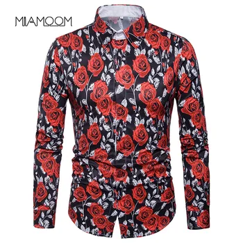 

MIAMOOM Mens Shirt Casual Fashion Men's Rose-print Long-sleeved Lapel Shirts