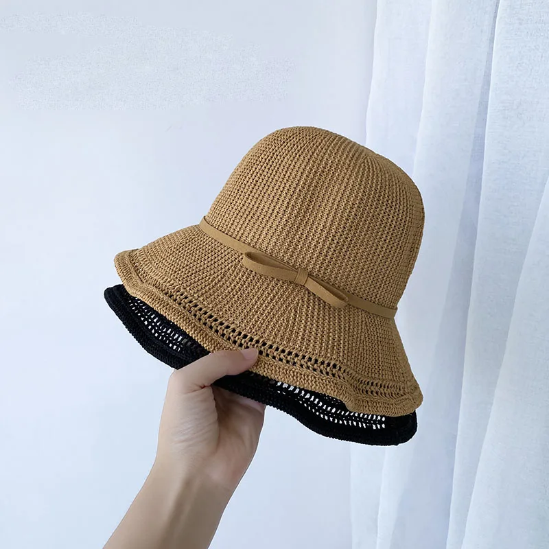 

Панама женская воздухопроницаемая, Повседневная Складная элегантная шапка от солнца, с бантом, в уличном стиле, цвет черный/хаки, 56-58 см, весна-лето