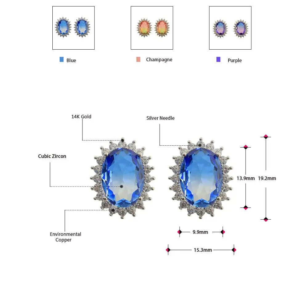 Neoglory, овальная форма, разноцветные кубические циркония, кубические серьги-гвоздики для женщин, Диана, классика, европейский и американский стиль, ювелирные изделия