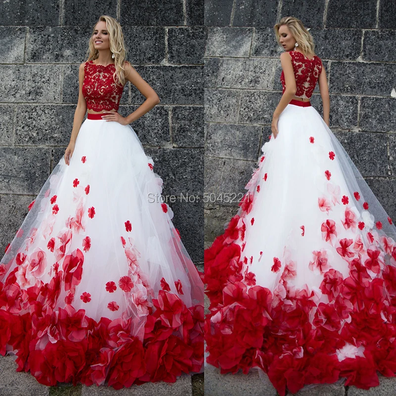 

Two Pieces Red Lace Wedding Dresses Vesido De Noiva 2019 Turkish Flower Long Bridal Gowns For Dubai Arabic A Line Kaftans Gowns