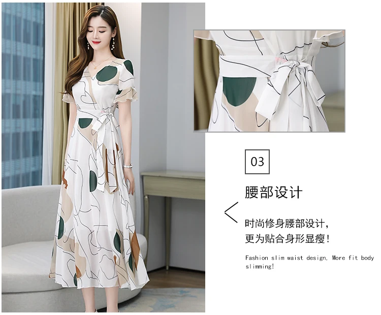 Women Summer 2021 White Chiffon Dress Casual Robe Vestito Floreale Midi Tunics Boheme Short Sleeve V-Neck Plus Size Dresses