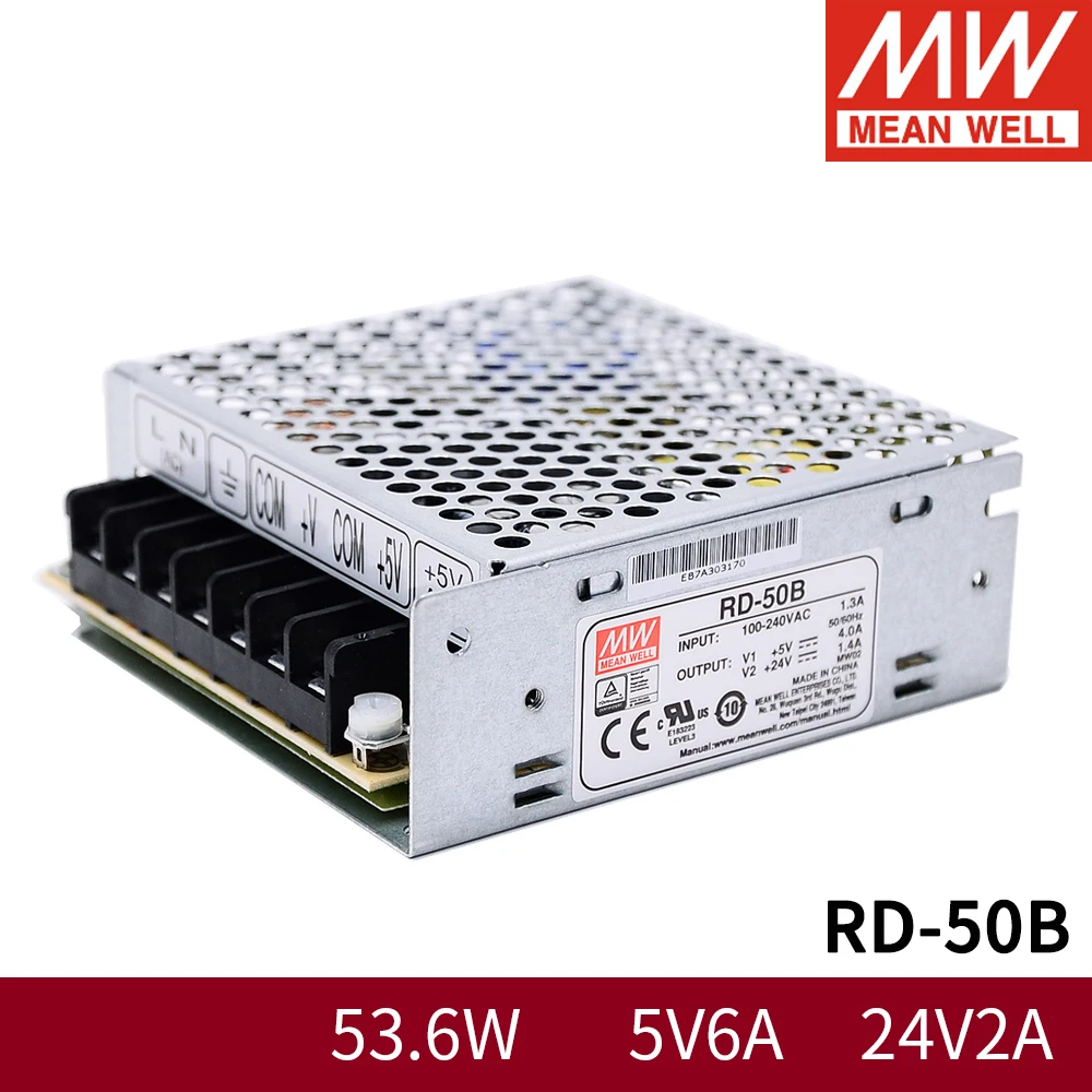 Бренд MEAN WELL представляет RD 50B 54 Вт Dual Выход переключение Питание 110V/220V AC к DC 5V 6A 24V 2A