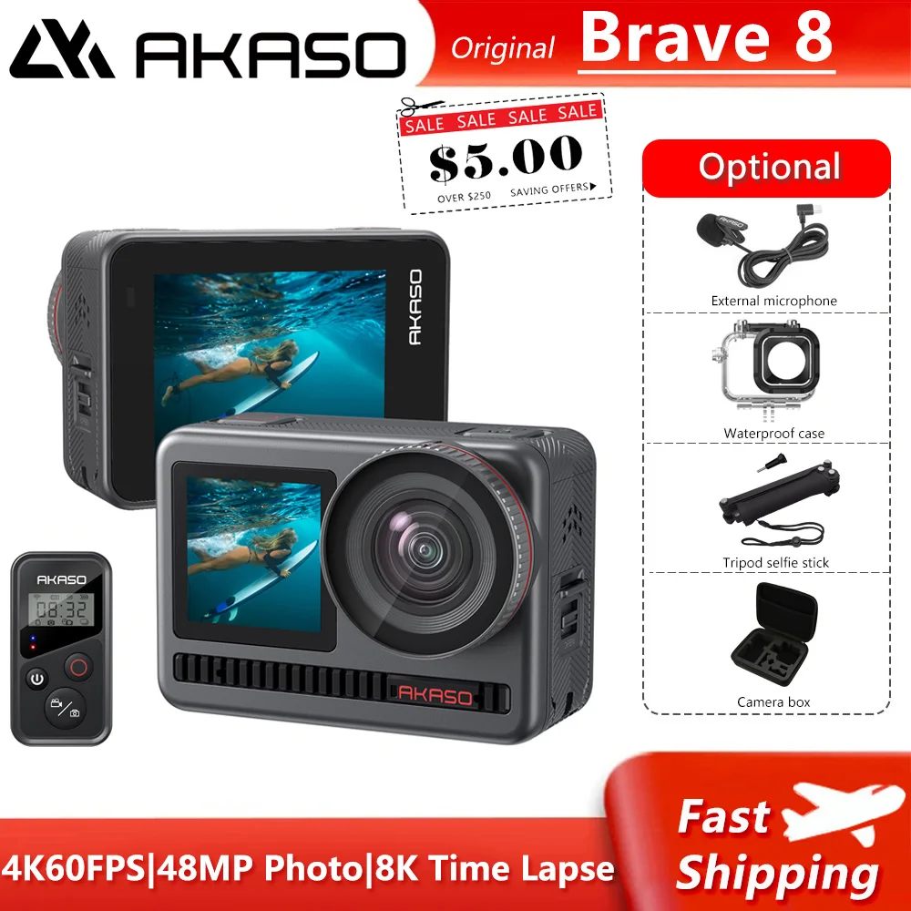 AKASO Brave 8 4K60fps 48MP Action Camera WiFi HD Vlog Cam 8K Remote Control Time-Lapse Underwater Waterproof Sport Helmet | Электроника