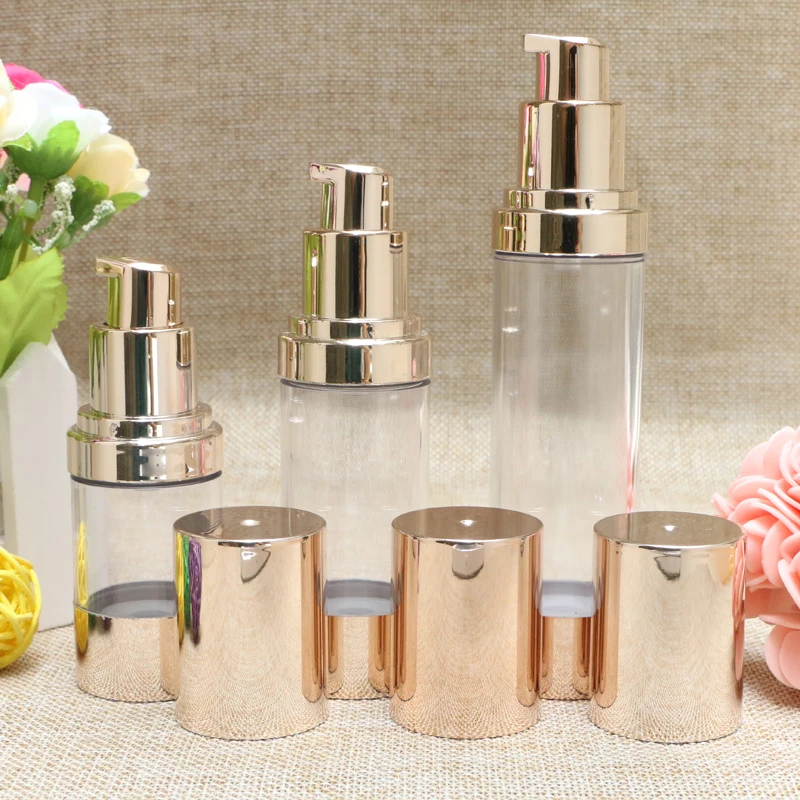 에어리스 펌프 병 라이트 골드 커버 투명 펌프, 고품질 에멀젼 병 로션 펌프, 진공 병 로션 용기