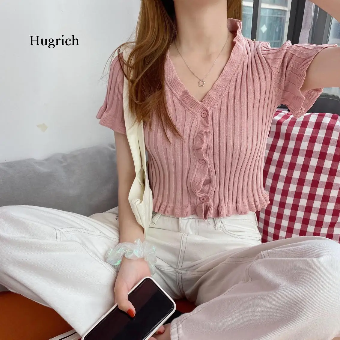 

Women Ruffles Knitted Short Sleeve Cropped Sweaters Cardigans Lady Summer Above Navel Thin Sweet Sweater Crop Tops Female