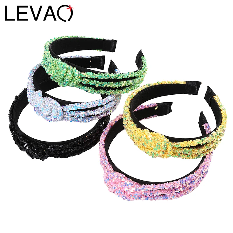 LEVAO, модная повязка на голову с блестками и узлом, женские ободки, тюрбан, женские корейские аксессуары для волос, обруч на голову, Одноцветный головной убор