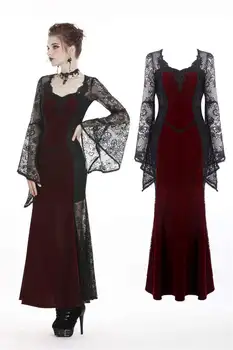

Darkinlove Women's Gothic Sheer Floral Lace Red Velvet Dresses DW286
