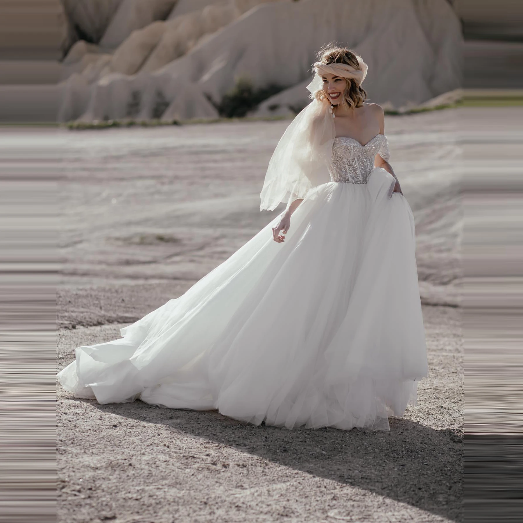 

Бальное платье невесты, с коротким рукавом, украшенное бисером, со шлейфом, свадебные платья из фатина