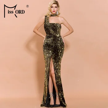 

Missord 2020 Winter Sequins Irregular Neck bodycon Women Party Dress High Split One Shoulder Sleeveless Maxi Dress FT19685-3