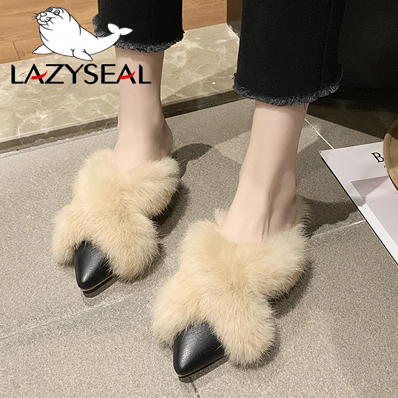 LazySeal/теплые зимние тапочки с натуральным мехом животных Женские шлепанцы