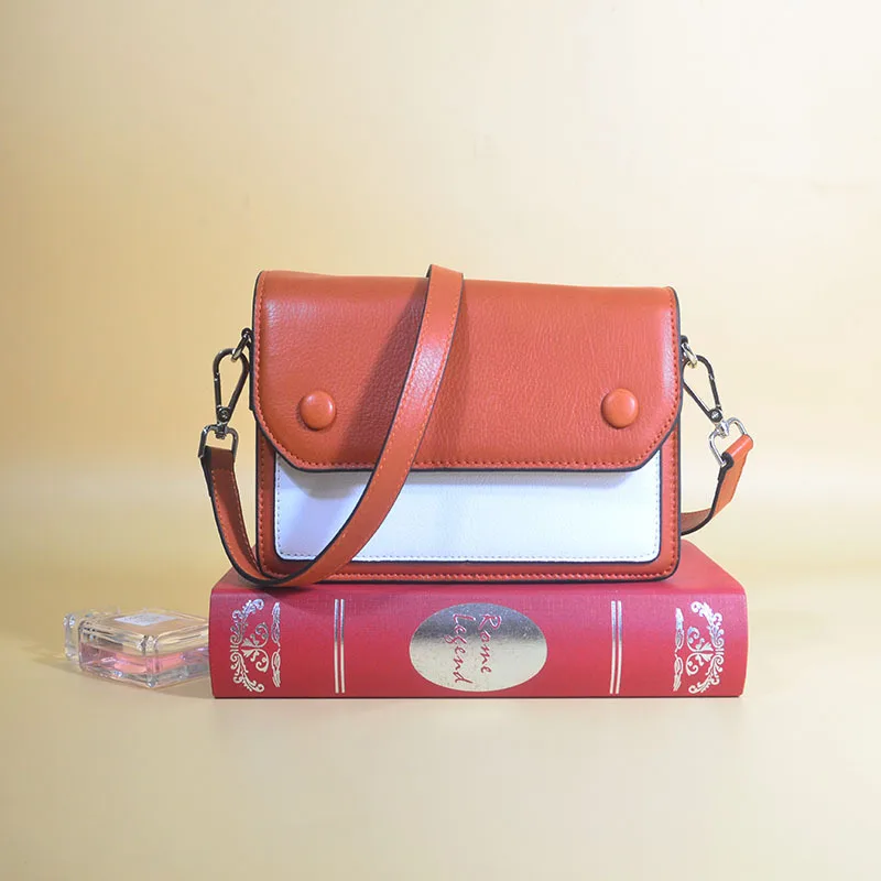 

New Style Genuine Leather Contrast Color Small Square Closed-toe Layer Cowhide Europe And America Fashion Shoulder Oblique WOMEN