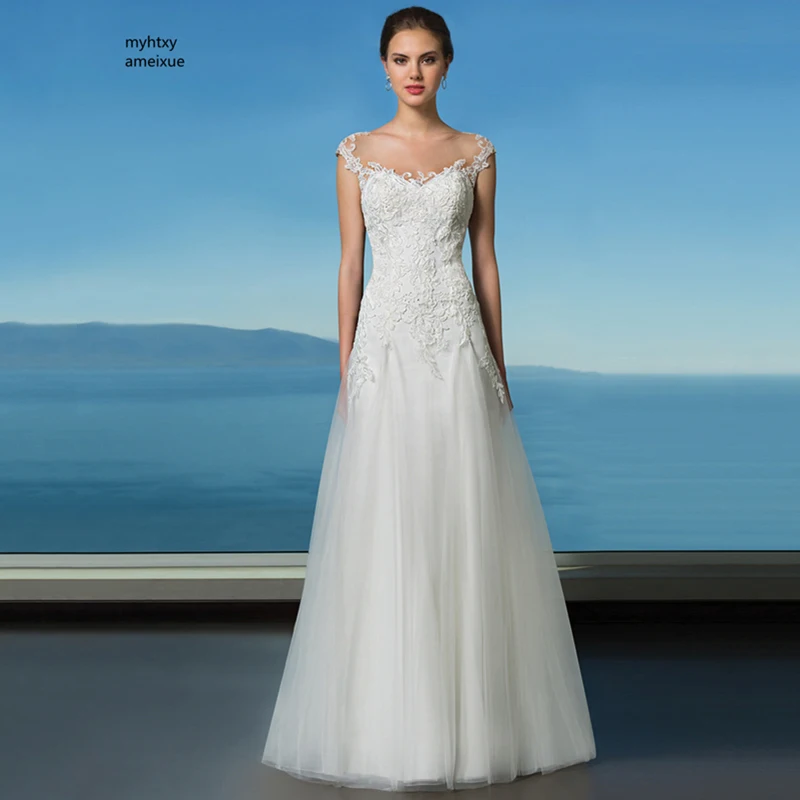 

Sleeveless Tulle Scoop Sweep Train Floor-length Button A-line Off The Shoulder Lace Wedding Dresses 2019 Plus Size Bridal Dress