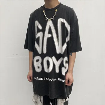 

Graffiti Letter Print Vintage Hip Hop Tops Tees Men Tshirts Streetwear Casual Pullover Long T-shirts Summer Loose Male T Shirt