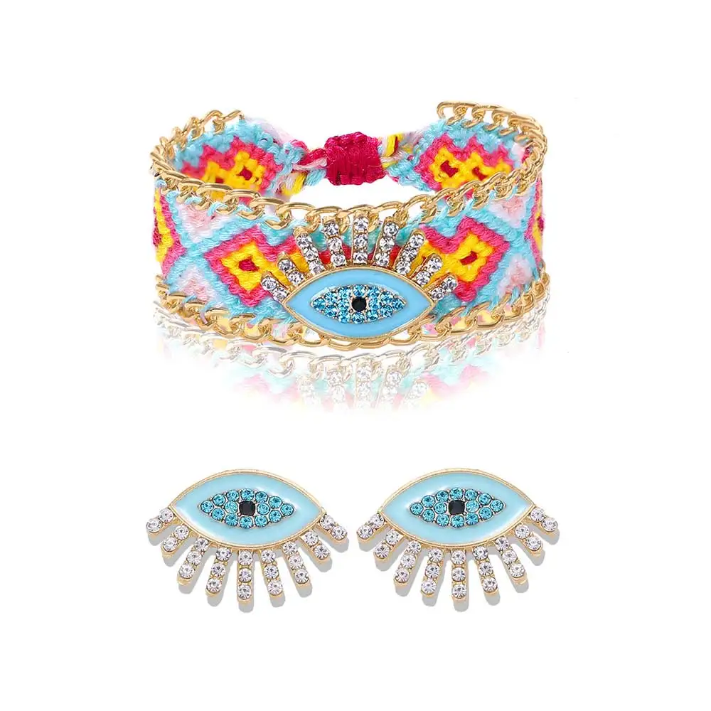 Dvacaman Evil Eye Женские Ювелирные наборы Бохо ручной работы тканая хлопковая веревка цепочка браслет и кристалл серьги-гвоздики оптом подарки - Окраска металла: 3