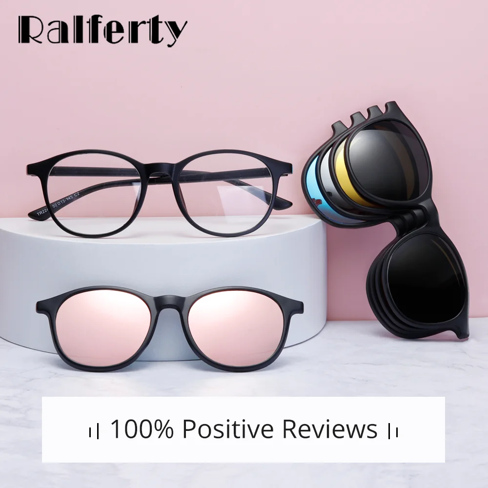 Ralferty Magnet Sunglasses Women Polarized 6 In 1 Eyeglass Frame With Clip On Glasses Men Round UV400 TR90 3D Yellow Oculo A2245 big round sunglasses