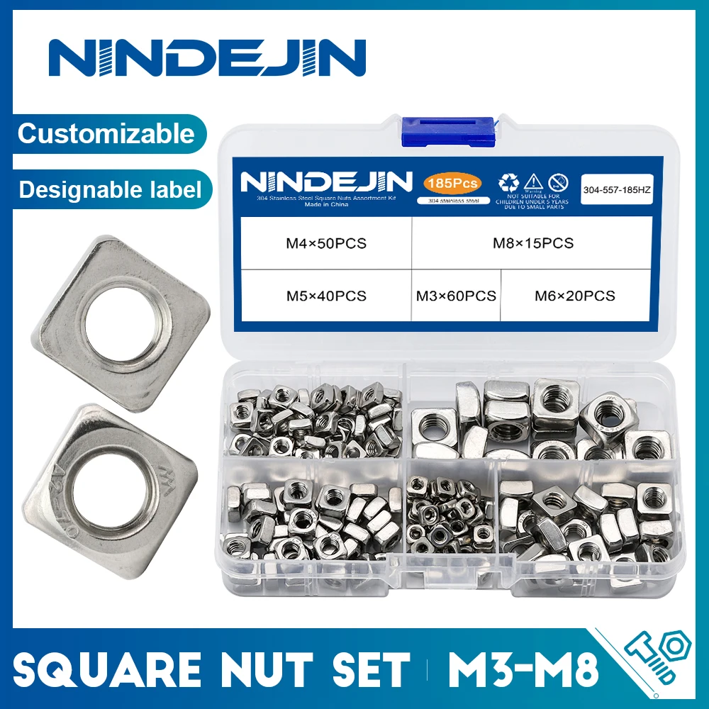 NINDEJIN 185pcs Square Nuts Assortment Kit A2 Stainless Steel M3 M4 M5