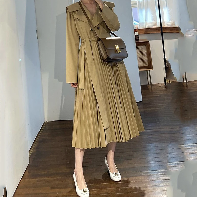 Windbreaker women 2020 OL Dress-Style Pleated Long