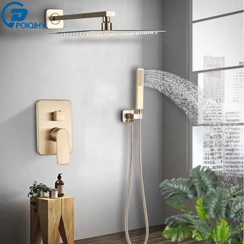 

POIQIHY Embedded In Shower Faucet Brushed Gold Rainfall 8/10/12/16" Shower Tap Mixer Faucet 2-Ways Control Valve Cold Hot Tap