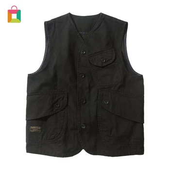 

Trendy multi-pocket tooling vest men's work jacket men's short Japanese casual vest jacket Black Glittery