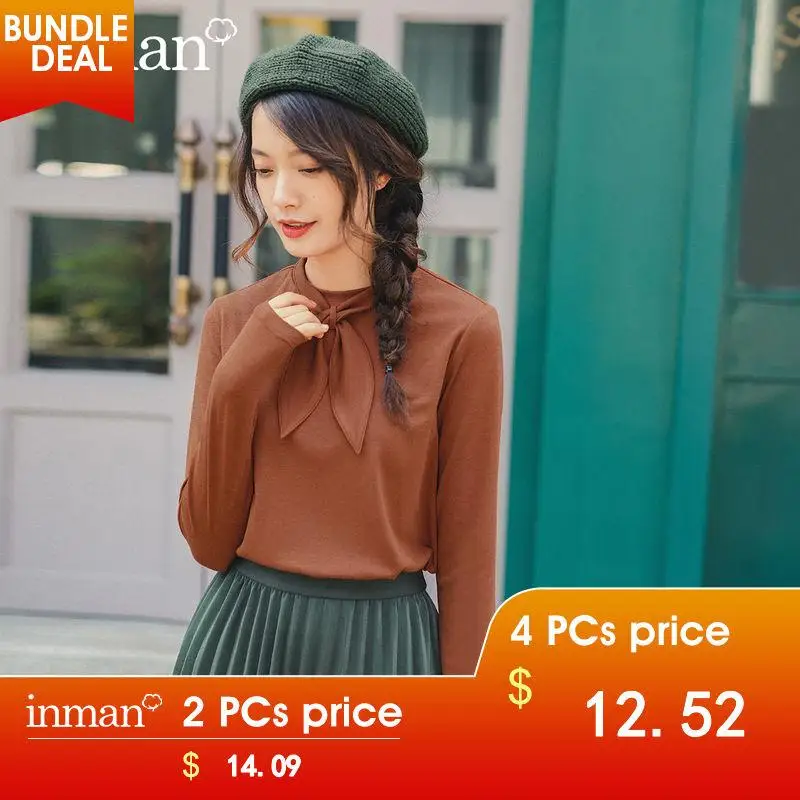 INMAN Spring New Arrival Solid Color Rabbit ears Tie Neck Knit Basic Minimalist Women Long Sleeve T-Shirt