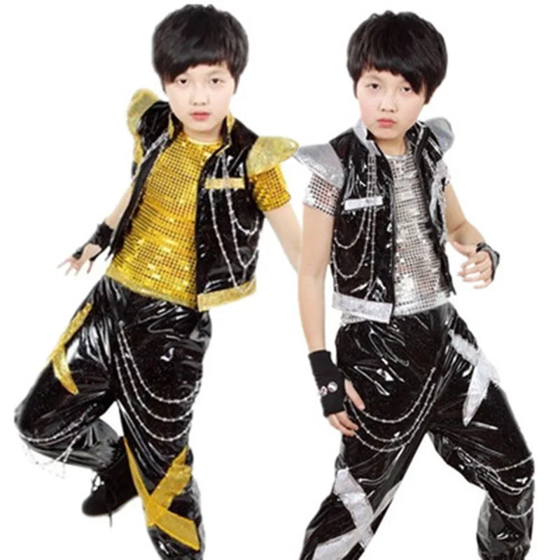 

New style children's street dance hip hop stage costume bright leather performance clothing jazz dance boy performance clothing