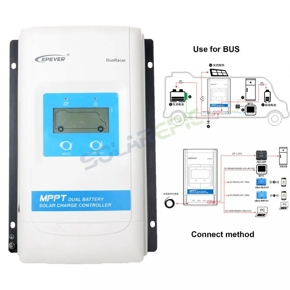 Epever 20A Двойной аккумулятор MPPT Солнечный контроллер Max PV 100V DuoRacer регулятор батареи