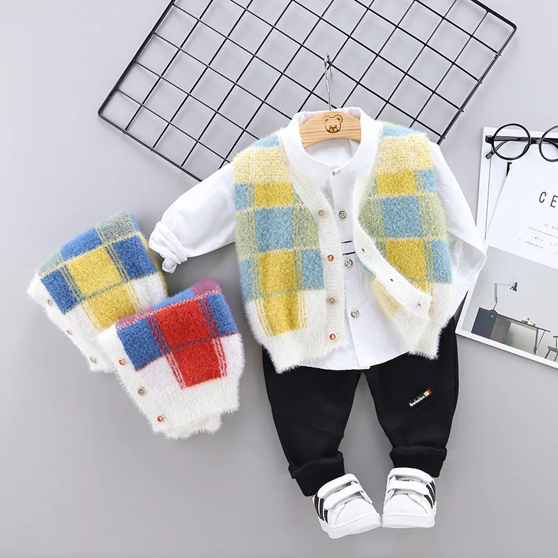 

2020 New Style Spring Clothing BOY'S Mixed Colors Square Sweater Long Sleeve Three-piece Set Korean-style Fashion CHILDREN'S Sui