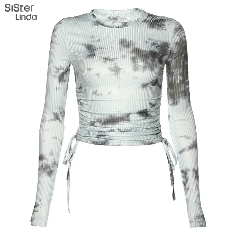 Sisterlinda, вязаные топы с принтом Tie Dye, женская футболка с круглым вырезом, эластичная футболка с длинным рукавом, облегающая футболка Mujer Tees - Цвет: Синий